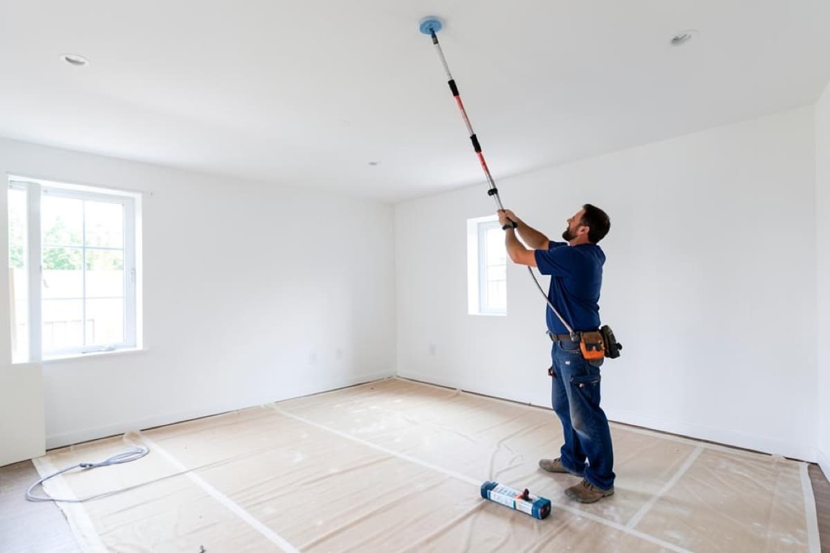 Painter rolling a ceiling with the floor fully covered in drop cloths