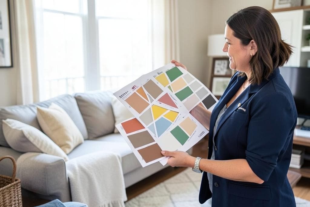 Color consultant holding a swatch board in a living room