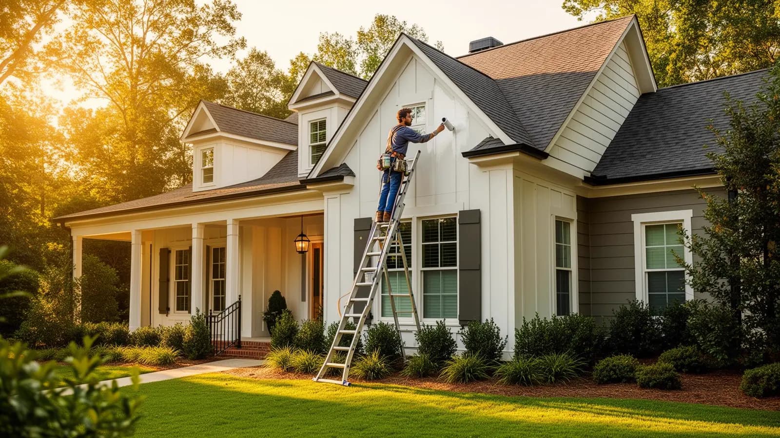 Painter brushing fresh paint onto the exterior siding of a home
