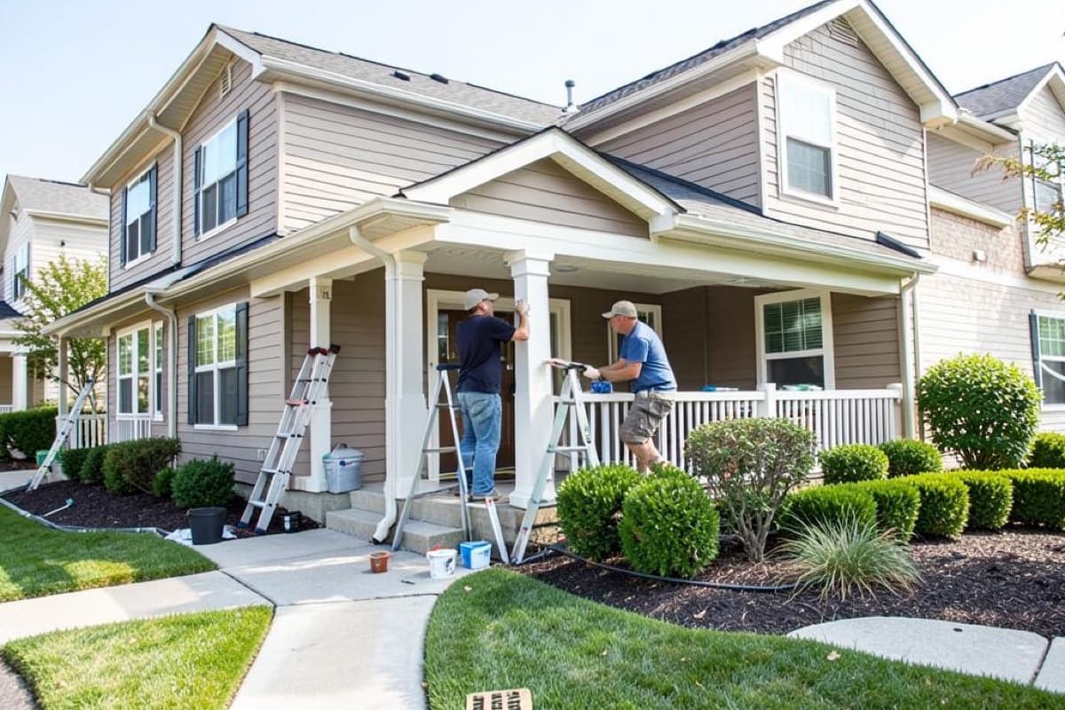 Crew painting the exterior of a row of townhomes