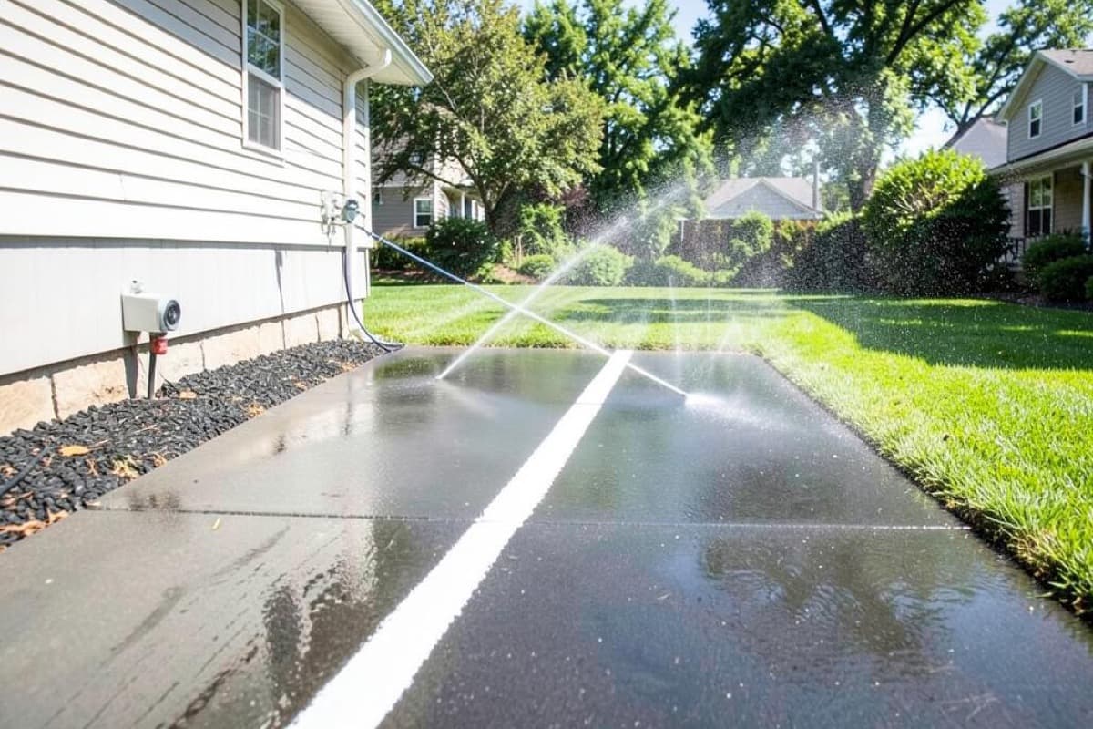 Pressure washer spraying an arc of water along the base of a home