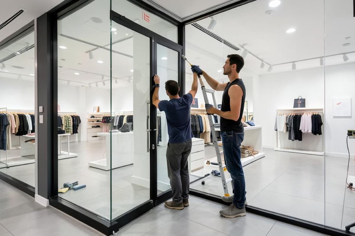 Crew painting around a masked glass retail storefront