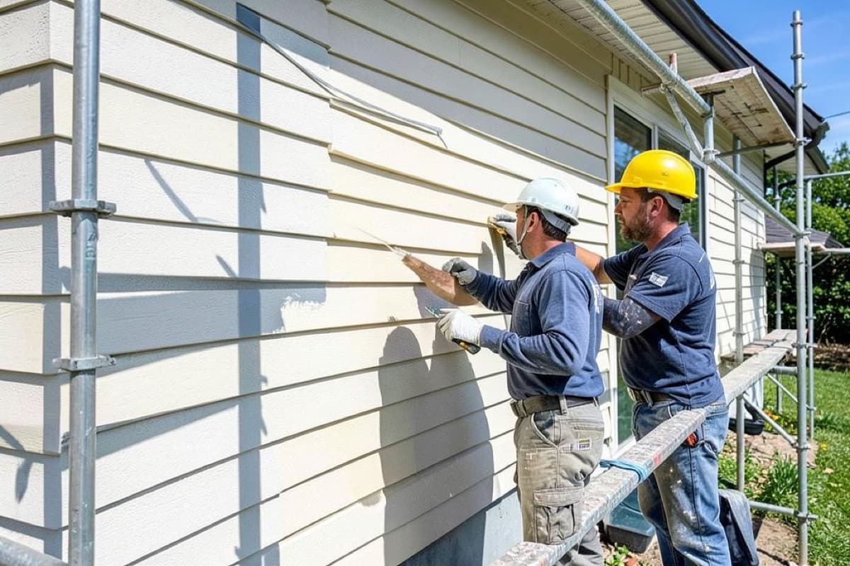 Two painters on scaffolding painting lap siding