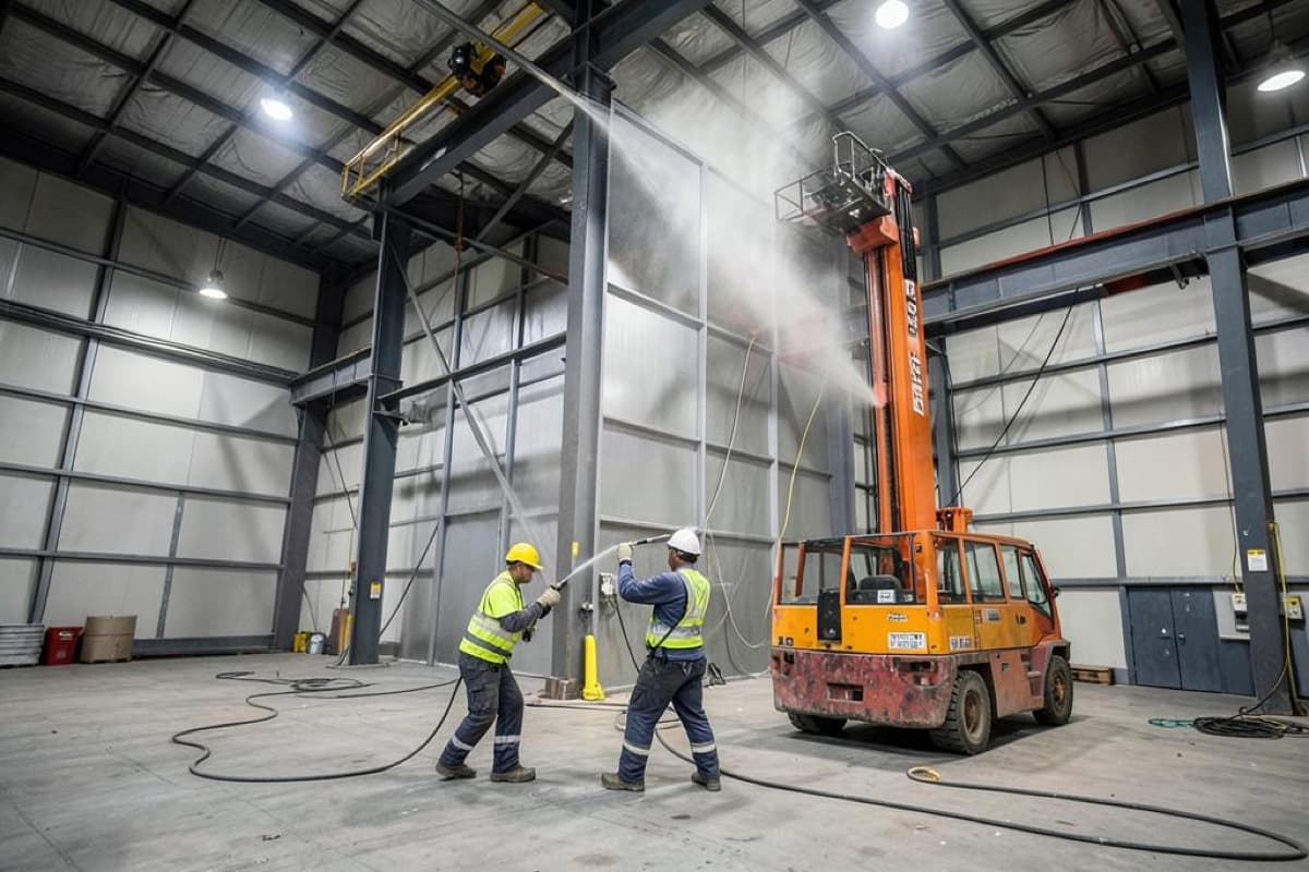 Crew spraying the interior of an industrial warehouse from a lift