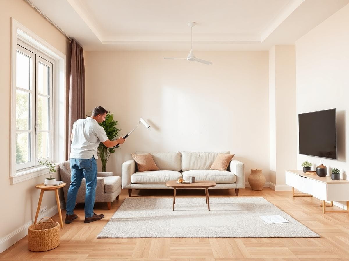 Painter doing a final touch-up in a tidy finished living room
